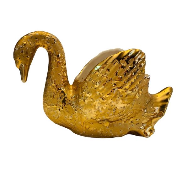 Gold Swan Planter Spring MCM 22 K Textured Ceramic 8" Vase Candy Dish Regency - Picture 2 of 12